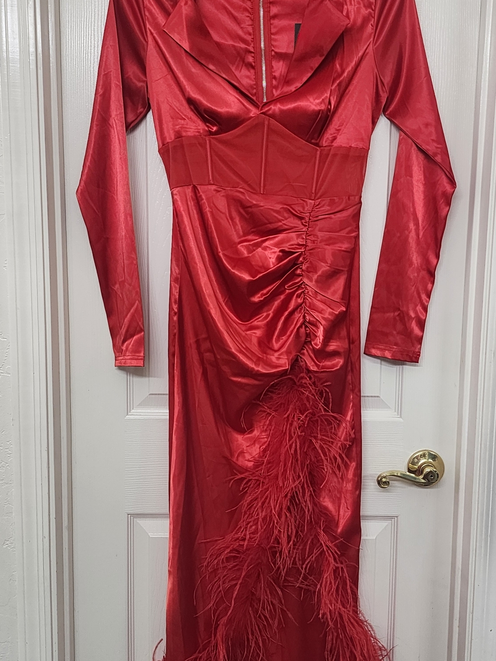 Red Satin Long Sleeve Feather-Trim Dress